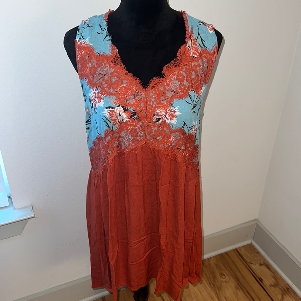 umgee Boho floral print lace detail cotton sleeveless relaxed‎ soft dress Sz S